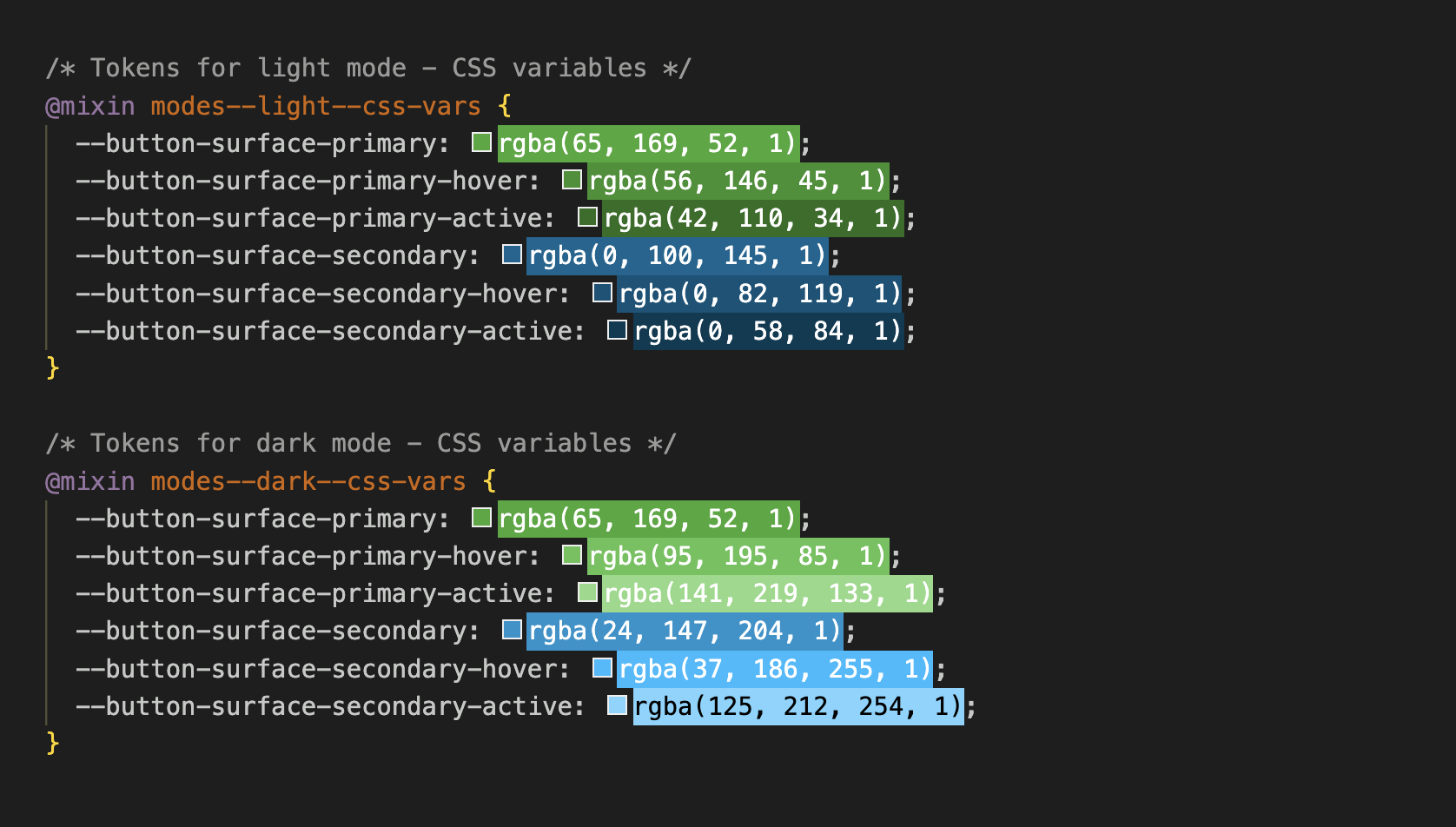 CSS variables automatically generated from Figma design tokens, streamlining the process of converting design values into code for consistent UI implementation.